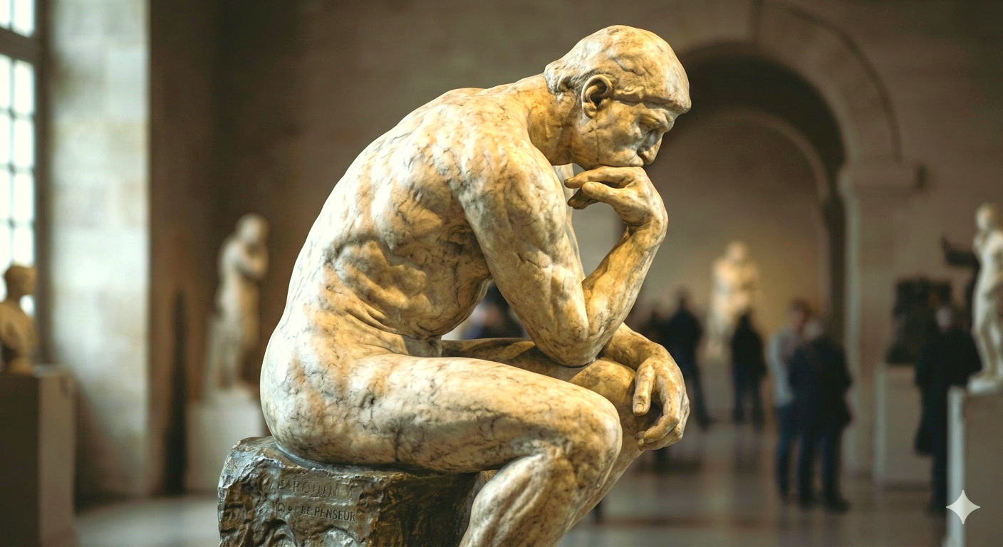 The Thinker sculpture in warm gallery light, many folds in