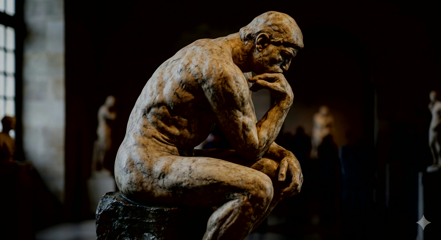 The Thinker sculpture leaning forward in quiet contemplation, one fold in, softened into shadow
