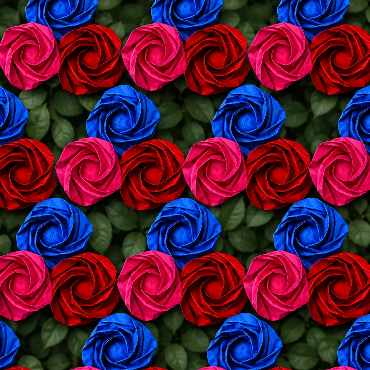 A tessellation of folded paper roses in pink, red, and blue