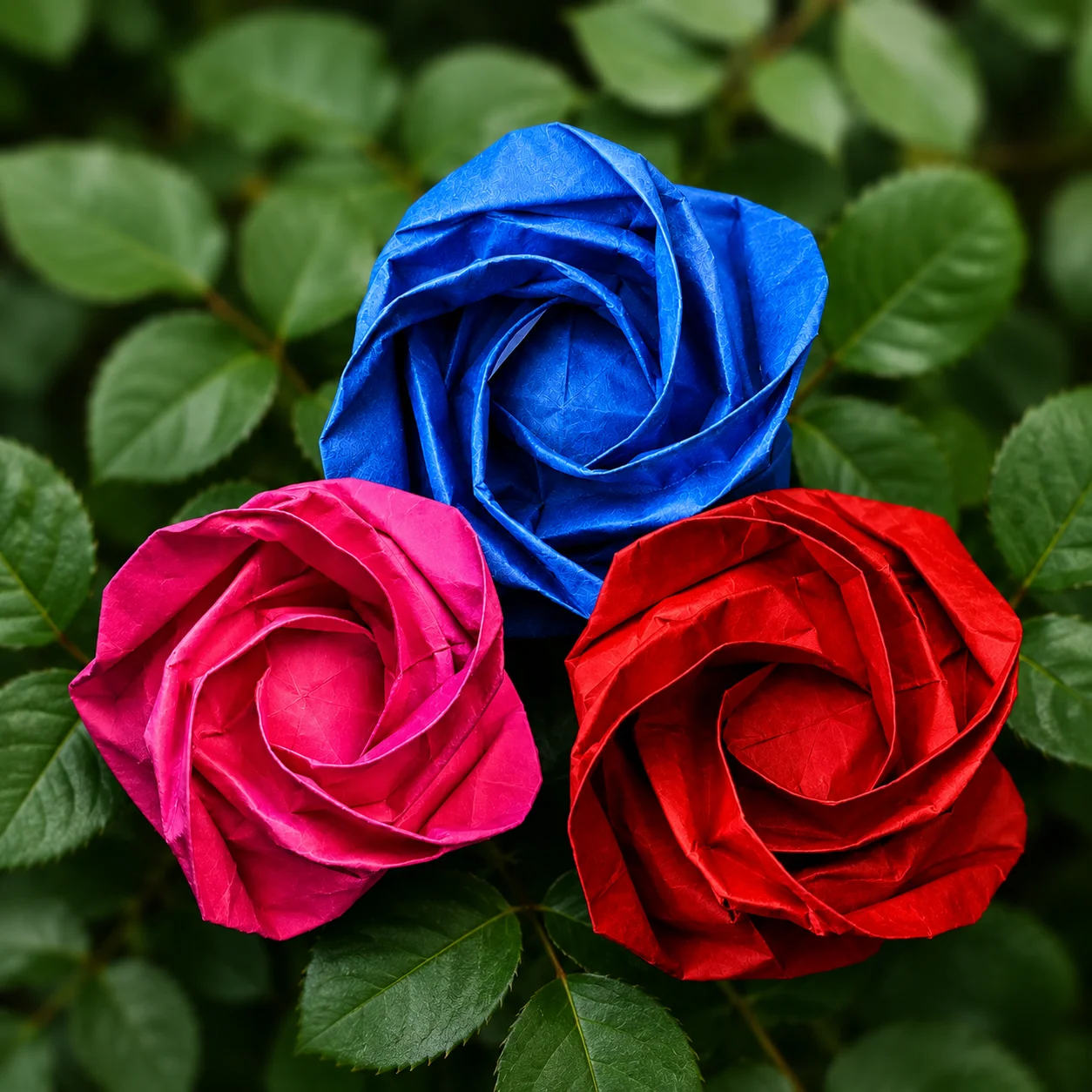 Three hand-folded paper roses — pink, blue and red — gathered among green leaves