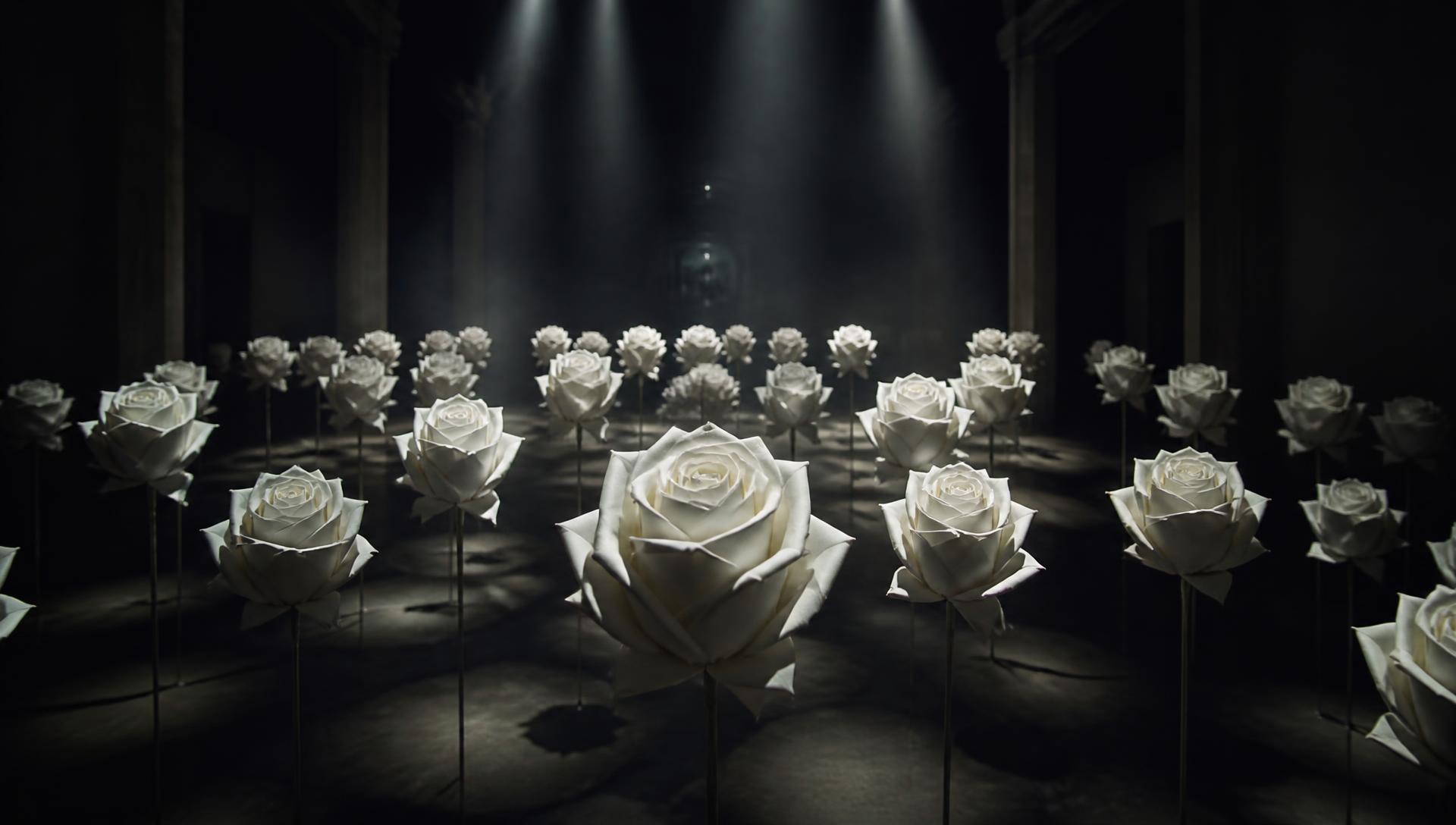 An installation of white origami roses lit in a dark gallery