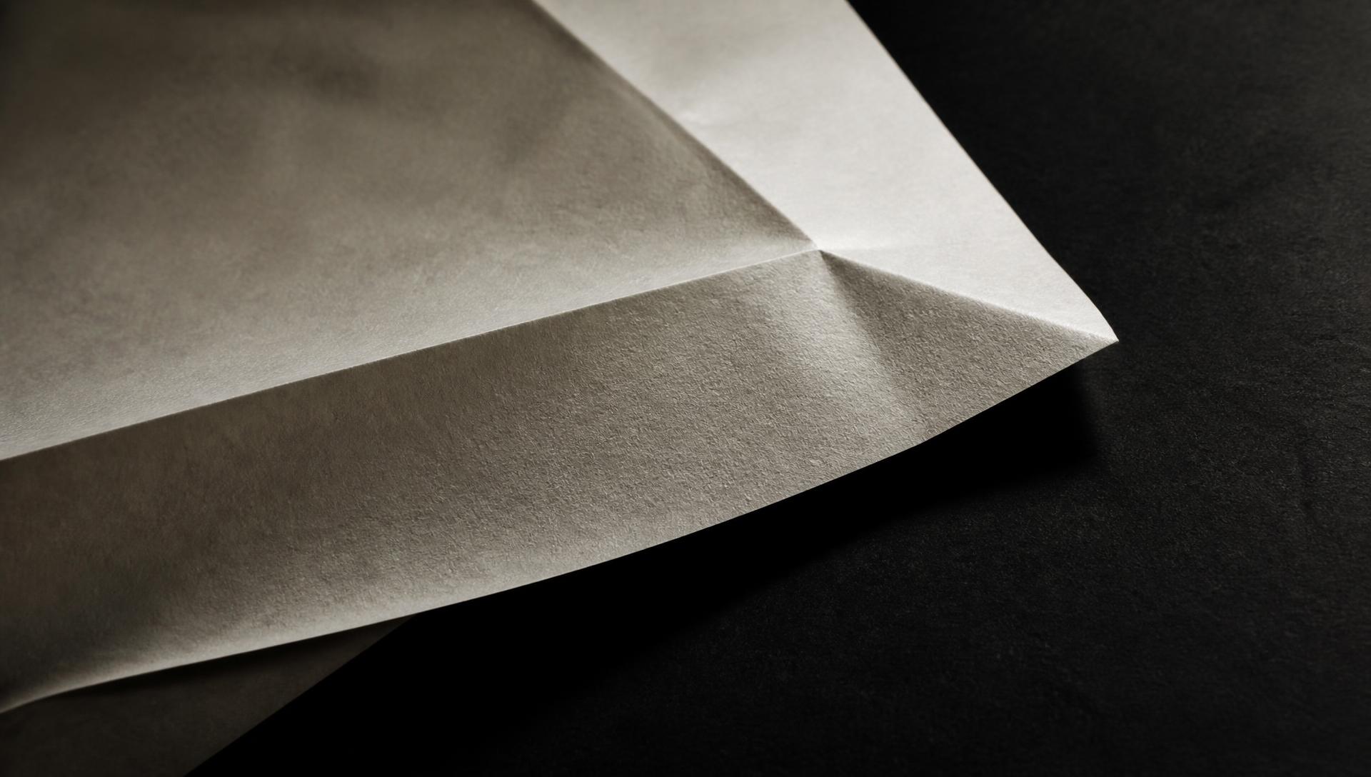 A single sheet of paper caught mid-fold under raking studio light